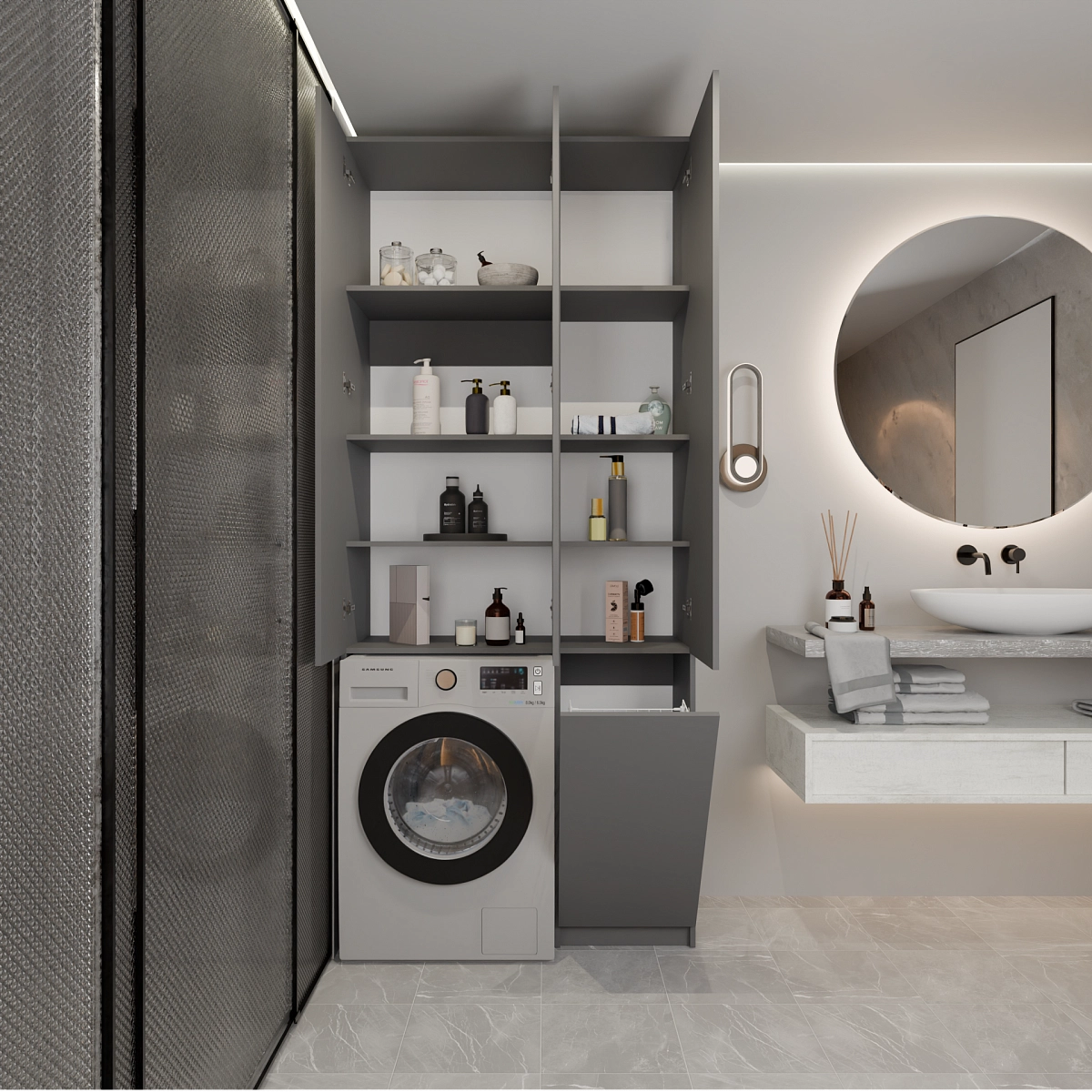 Шкаф-пенал с нишей и корзиной для белья Эос Плюс Графит